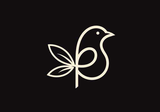 Minimalist bird line art icon with organic leaf wings