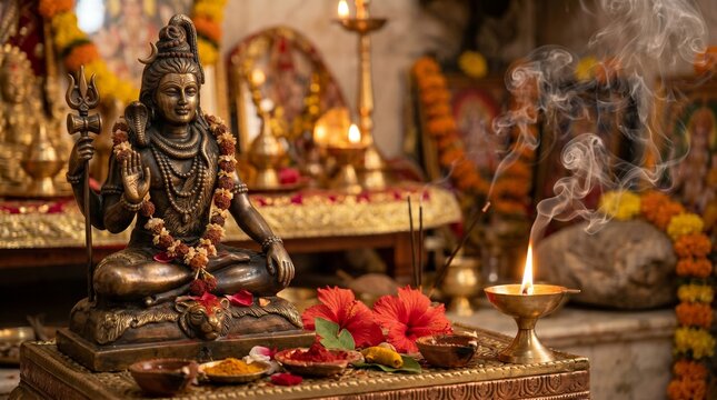 Pradosh Vrat: Close-up of decorated Shiva idol with incense smoke rising, prayer bell and diya in foreground, ritual focus, empty area for text