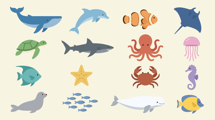 Colorful illustrations of various sea creatures. © Abhinaya Project