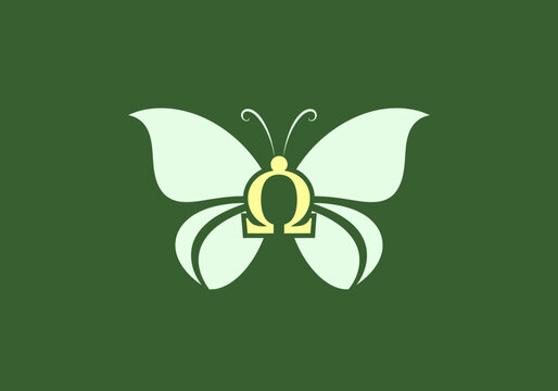 Minimalist butterfly logo with omega symbol on green background