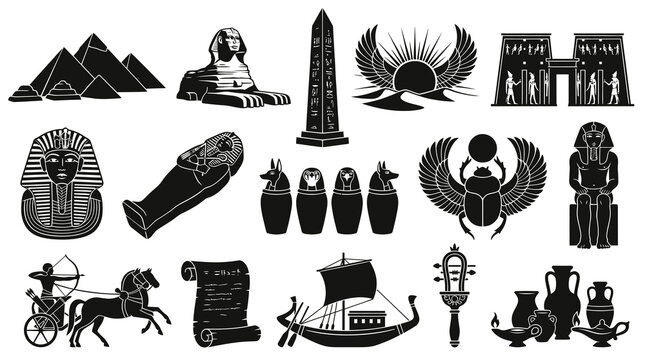 Egyptian Ancient Symbols Glyphs Icons Black White Pyramids Pharaoh Sarcophagus Scarab