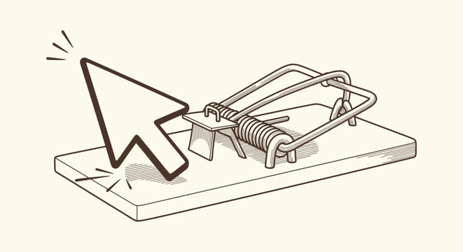 Internet clickbait scam concept with a computer mouse cursor arrow on a vintage mousetrap design.