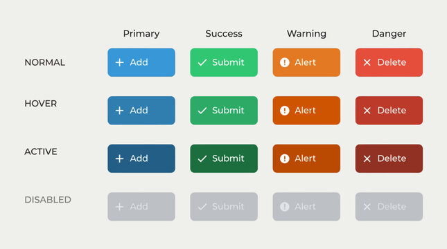 User interface buttons in different states.