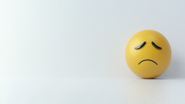 Cartoon sad face with droopy eyes expresses feelings of sadness and disappointment. bright yellow color contrasts with plain