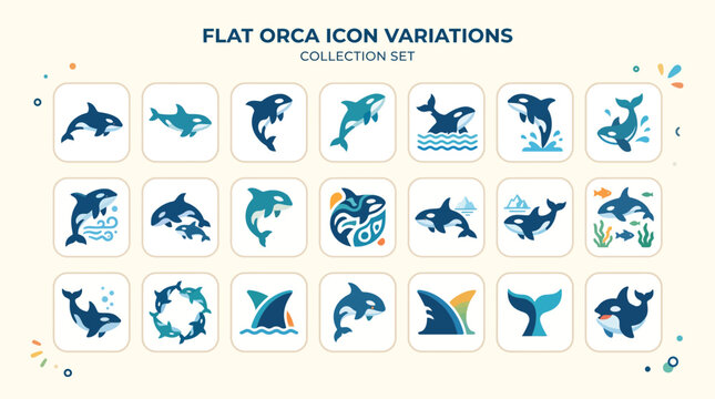 Flat orca icon variations collection set.