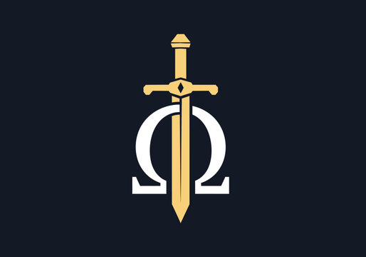 Minimalist gold sword and omega symbol emblem on navy background