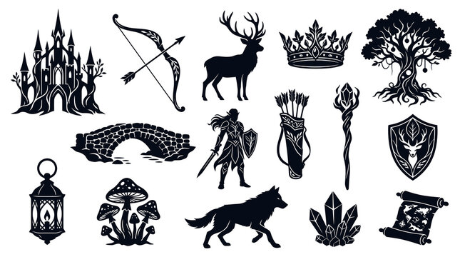 Fantasy Vector Icons: Castle, Deer, Crown, Tree, Warrior, Bow, Staff, Shield, Wolf, Scroll