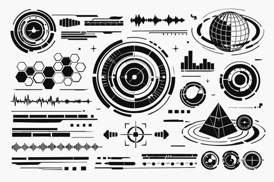 Futuristic black control panel interface with abstract modern technology elements, including HUD UI components on a clean white background, designed in a sleek and simple flat vector style.