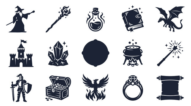 Fantasy Magic Glyph Icons Set. RPG Gaming Adventure Symbols with Wizard, Dragon, Knight, Potion, Ring, Scroll, Book.