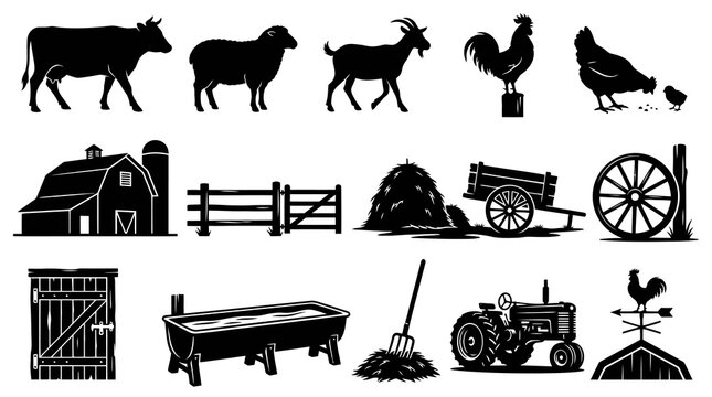 Farm Silhouettes: Barn, Animals, Tractor, Wagon, Fence, Well - BW Vector