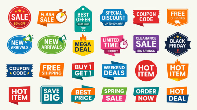 Collection of colorful sale and discount stickers.