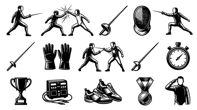 Fencing Sport Black  White Line Art Icons Set with Fencers, Equipment, and Gear Collection