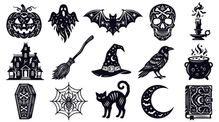 Obraz premium Halloween Vector Icons: Pumpkin, Skull, Bat, Witch Hat, Cat, Moon, Book, Spooky
