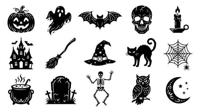 Halloween Holiday Glyph Icons Set. Spooky Black Silhouette Elements like Pumpkin, Ghost, Witch Hat, Skull