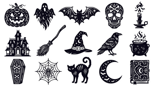 Halloween Vector Icons: Pumpkin, Skull, Bat, Witch Hat, Cat, Moon, Book, Spooky