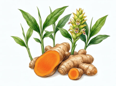 Turmeric root with green leaves and flower, watercolor botanical illustration isolated