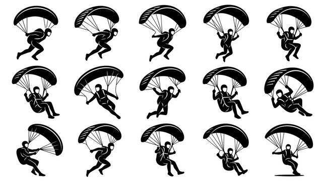 Black  White Silhouette Icons of Skydivers and Parachutists in Various Poses for Extreme Sports and Adventure