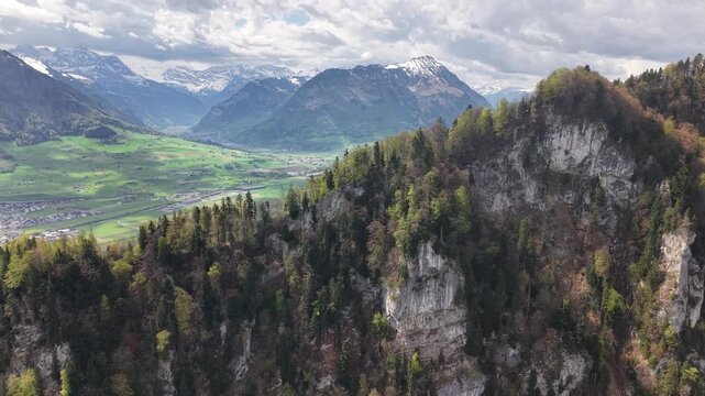 Aerial View of B&uuml;rgenstock Cliff Resort with Mount Pilatus and Lake Lucerne, Swiss Alps, Switzerland