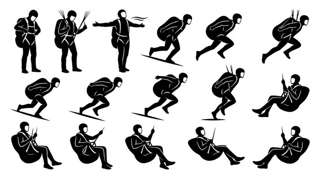 Black and White Silhouette Icons: Skydivers, Parachutists, and Paragliders in Various Air Sports Poses.