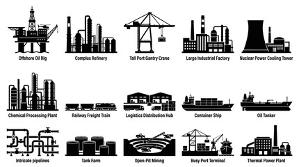 Obraz premium Black White Icons of Industrial Energy Sectors: Factories, Ships, Mines, Oil Rigs
