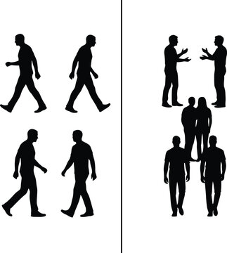 Silhouettes of individuals walking contrasted with groups interacting, representing themes of solitude, communication, teamwork, and social human behavior dynamics