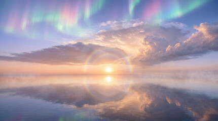 Fototapeta premium Breathtaking Surreal Sunrise with Aurora Borealis and Double Sun Halo Over Calm Ocean