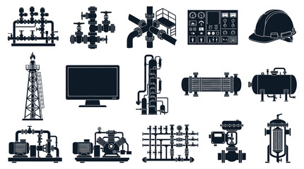 Obraz premium Industrial Equipment Icons: Oil Gas, Technology, Safety, Machinery, Construction