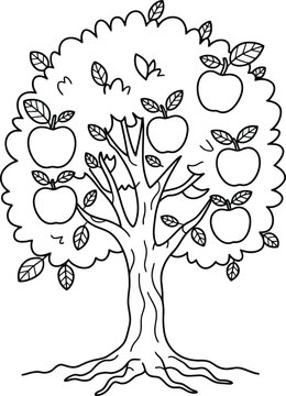 Line art illustration of an apple tree for children's coloring book