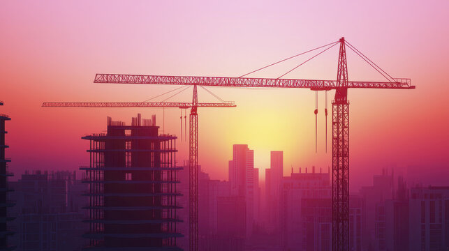 Construction site at sunrise with cranes silhouetted against colorful sky, creating serene and inspiring atmosphere