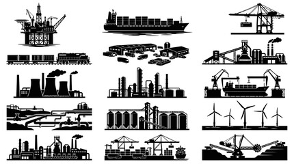 Fototapeta premium Industrial Manufacturing Energy Vector Silhouettes Icon Set: Factories, Ports, Oil Rigs, Power Plants, Ships, Trains.