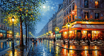 Fototapeta premium Parisian street cafe at night after rain, reflecting lights