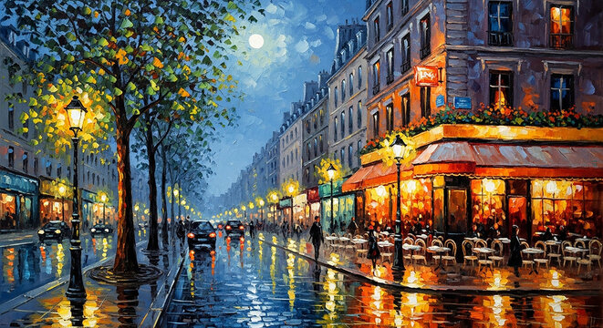 Parisian street cafe at night after rain, reflecting lights
