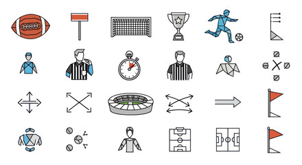 Sports Icons Collection: Soccer, Football, Stadium, Trophy, Referee, Stopwatch, Goal © Rizal