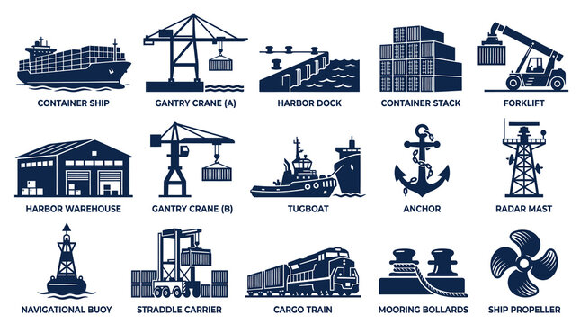 Maritime Port Logistics Industry Vector Glyph Icons Set. Shipping Transportation and Harbor Equipment Symbols