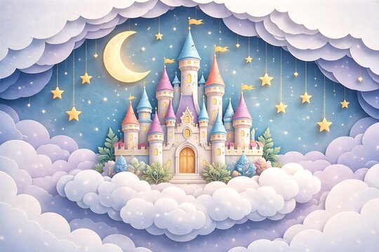 Magical fantasy castle floating on soft clouds with moon and stars
