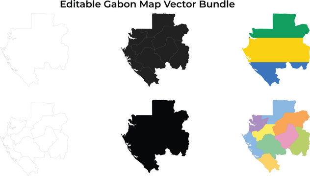 Gabon map bundle: outline, silhouette, flag, and regions