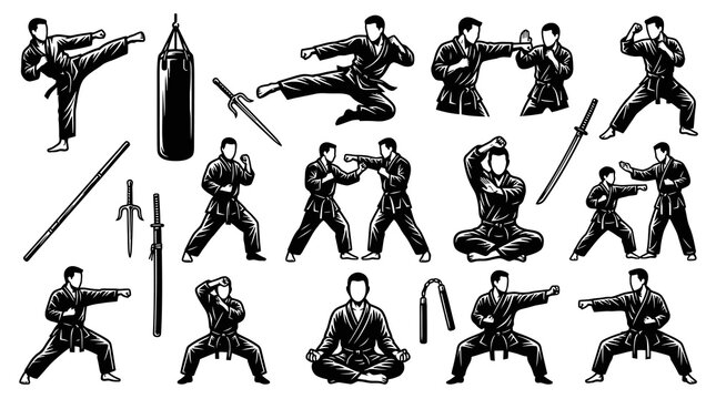 Karate Martial Arts Sport Black and White Line Art Vector Set