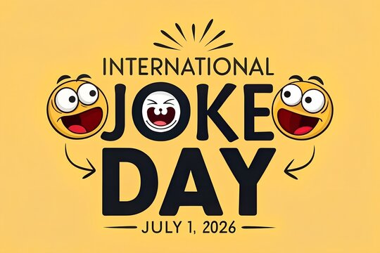 Bright yellow graphic illustration featuring an expressive animated face surrounded by stylized text that celebrates international joke day while highlighting the hilarious spirit of humor and laughte