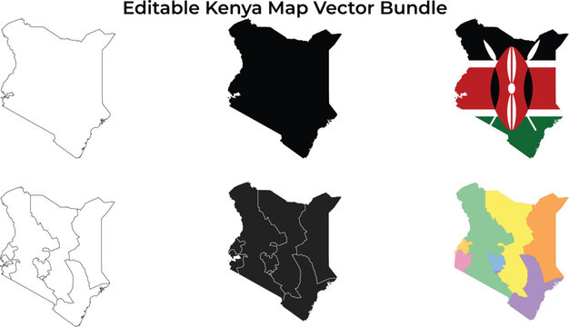 Kenya map bundle: outline, silhouette, flag, and regions