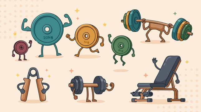 Cute cartoon gym equipment characters exercising and lifting weights