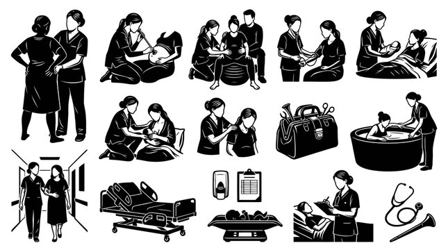 Medical Pregnancy Birth Delivery Icons Vector - Black and White Line Art