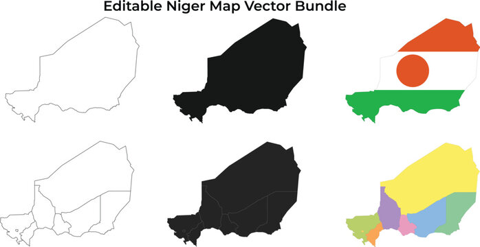Niger map bundle: outline, silhouette, flag, and regions