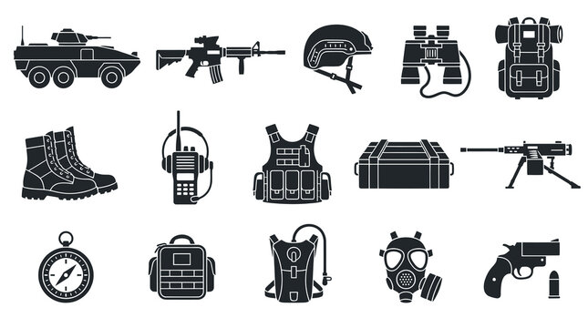 Military Equipment Icons: Black  White Glyphs of Army Gear and Weapons