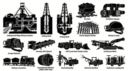 Fototapeta premium Mining Industry Equipment and Machines: Black White Glyph Icon Set for Underground Operations