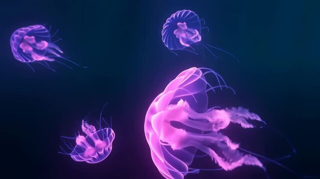 Ethereal jellyfish gracefully swimming in deep blue ocean waters. Captivating marine life showcasing the beauty of underwater ecosystems