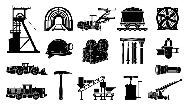 Mining Equipment Vector Glyph Icons Set. Black and White Industry Symbols and Tools Collection.