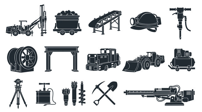 Professional Mining Industry Equipment Tools and Machinery Black and White Glyph Icons Collection