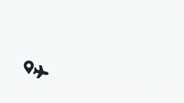 Travel route plane animate minimal display. Aircraft fly dashed path location pin map. Dark icon light gray background design. Trip destination journey concept visual
