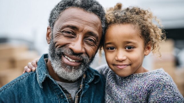 Joyful grandfather and granddaughter share a warm embrace, smiling at the camera