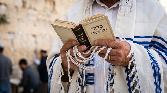 Jewish Man Wearing Tallit Praying with Siddur Prayer Book